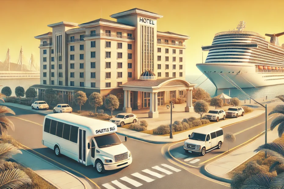 A scenic view of a modern hotel near Port Canaveral, Florida, with a shuttle bus parked in front. The background features a cruise ship docked.